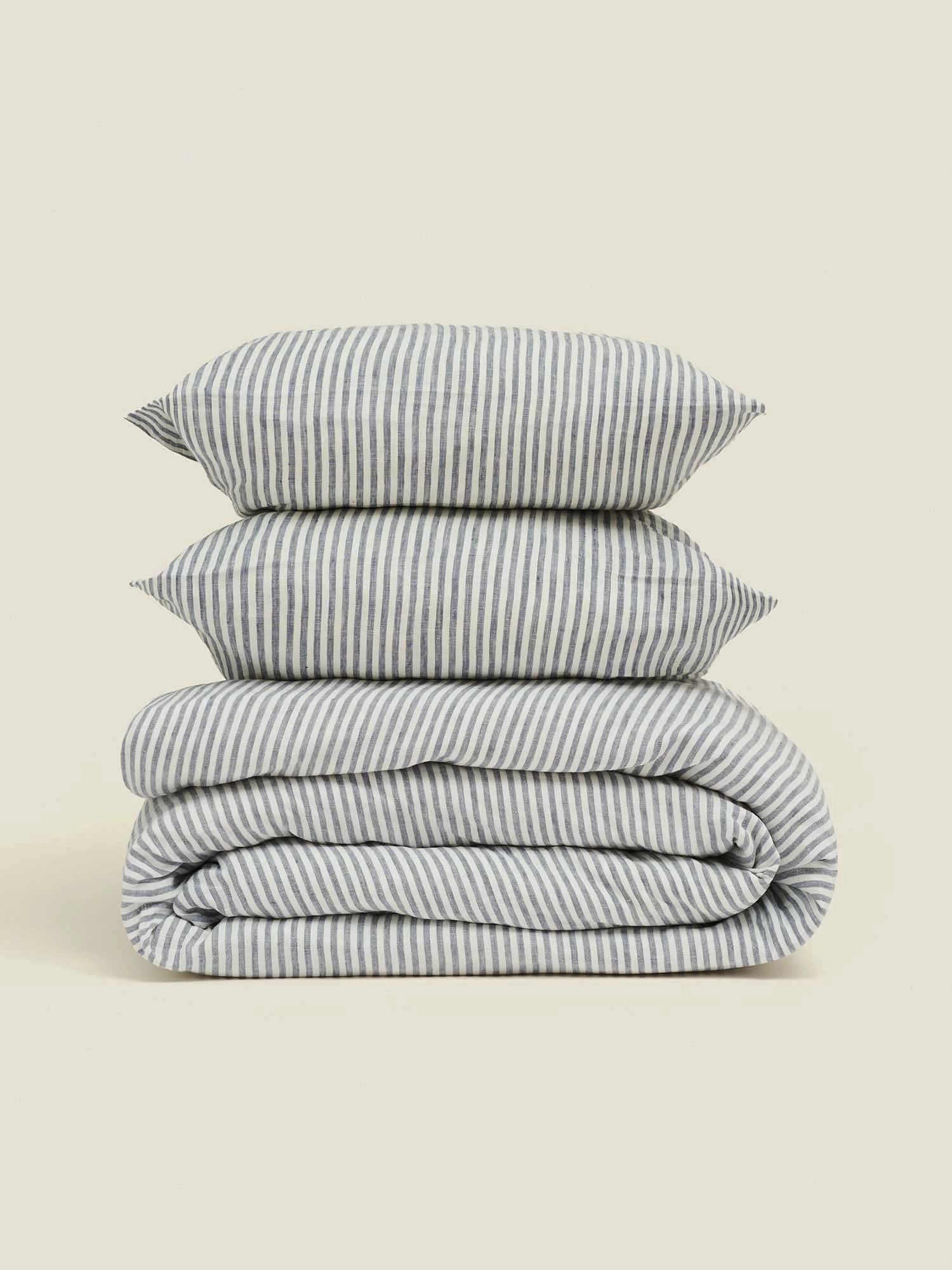 100% Linen Duvet Cover in Blue Stripes