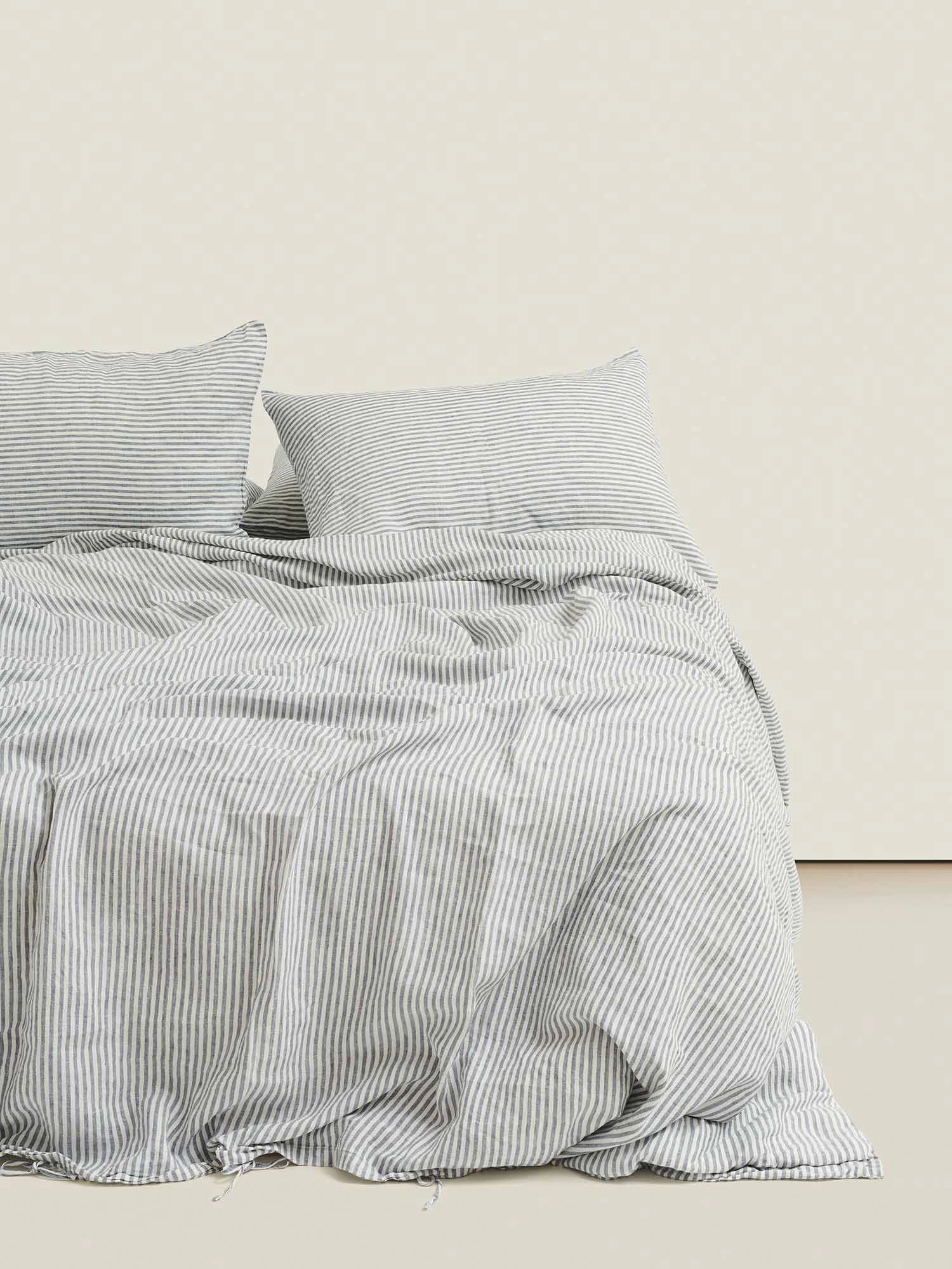 100% Linen Duvet Cover in Blue Stripes