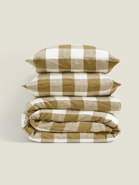 100% Linen Duvet Set in Olive Check