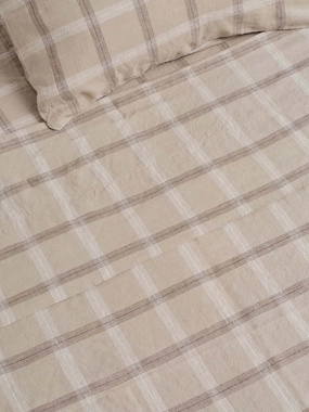 100% Linen Flat Sheet in Natural Plaid