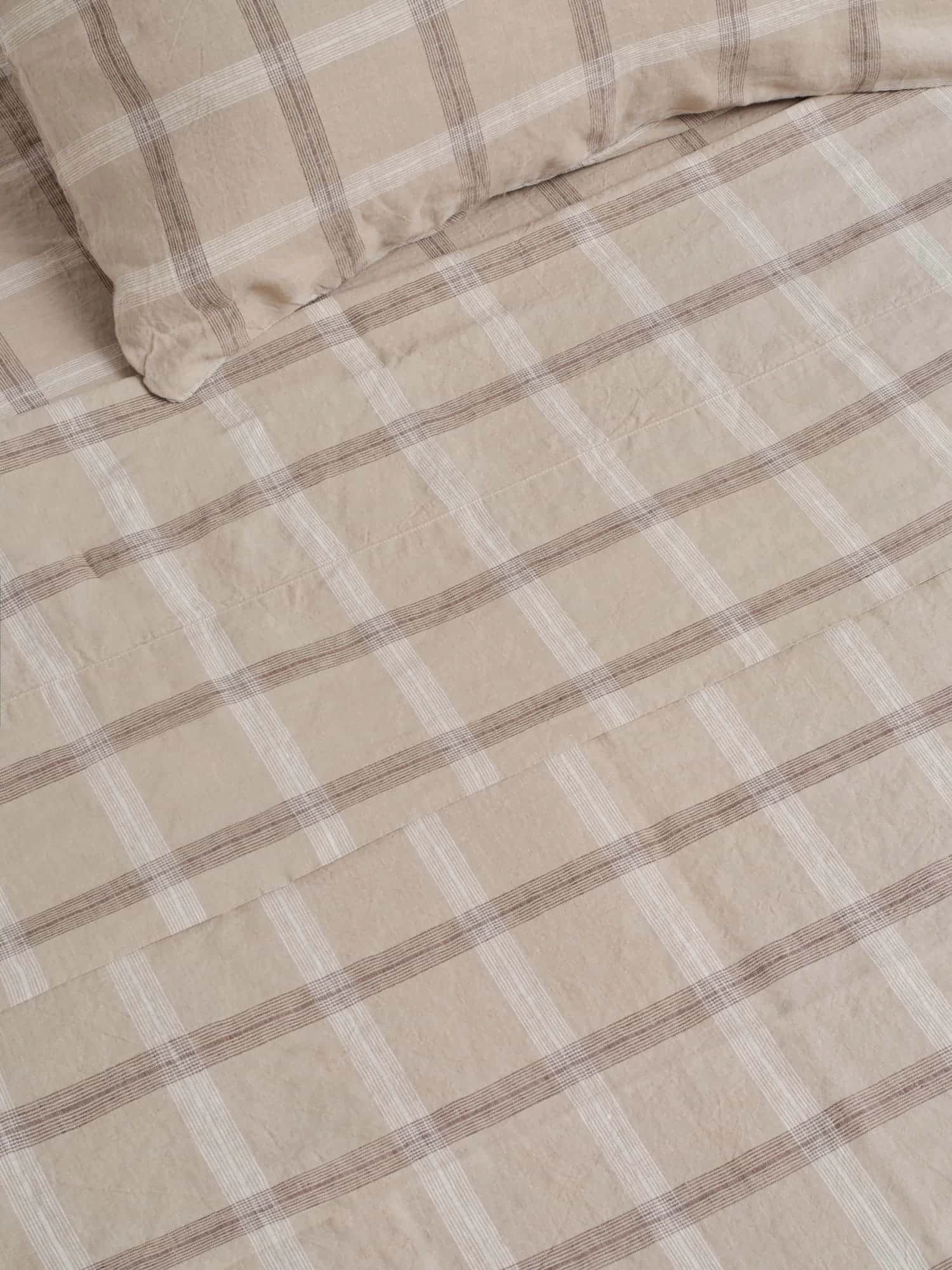 100% Linen Flat Sheet in Natural Plaid