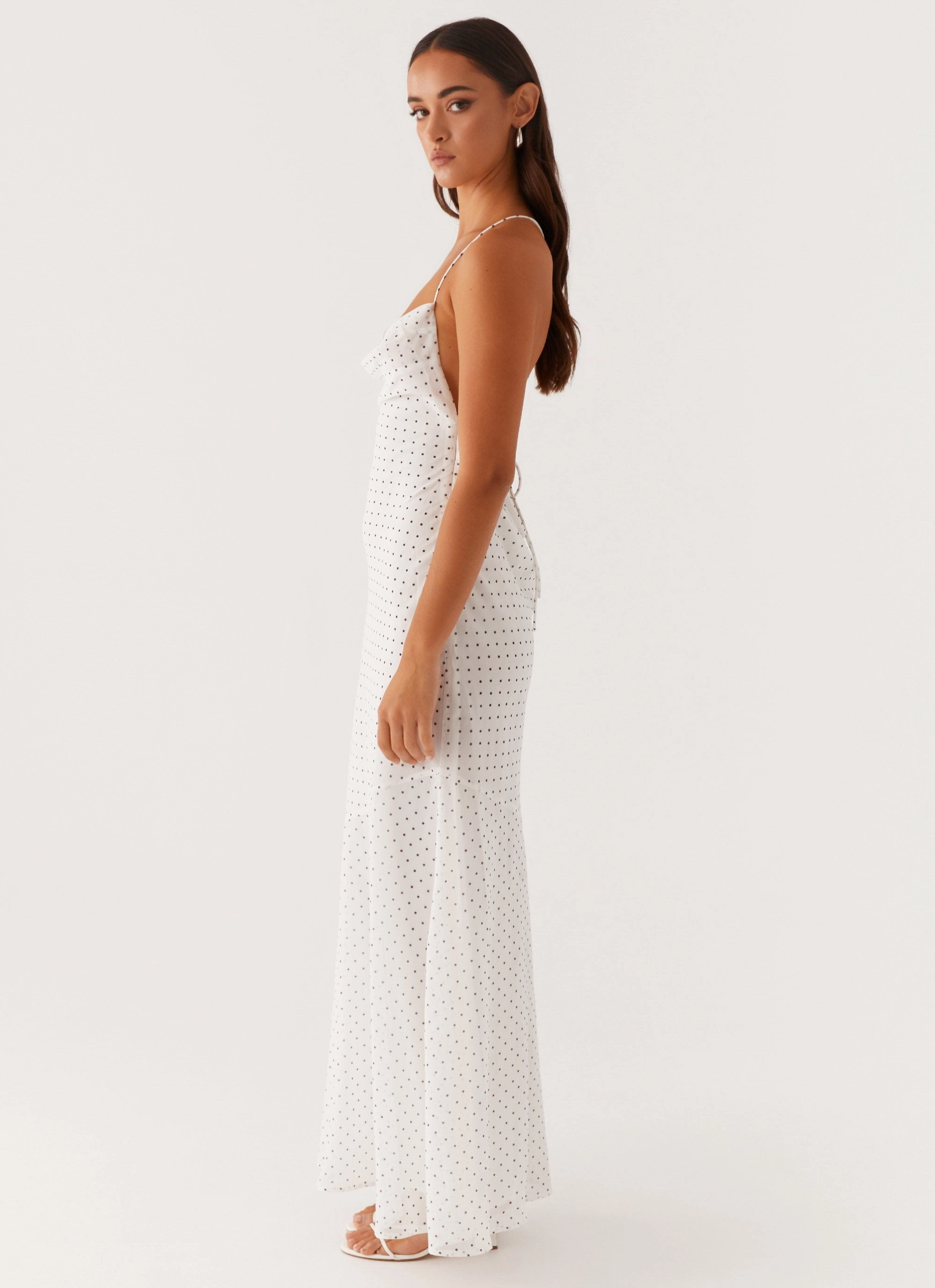 Alianna Cowl Neck Mesh Maxi Dress - White Polka Dot