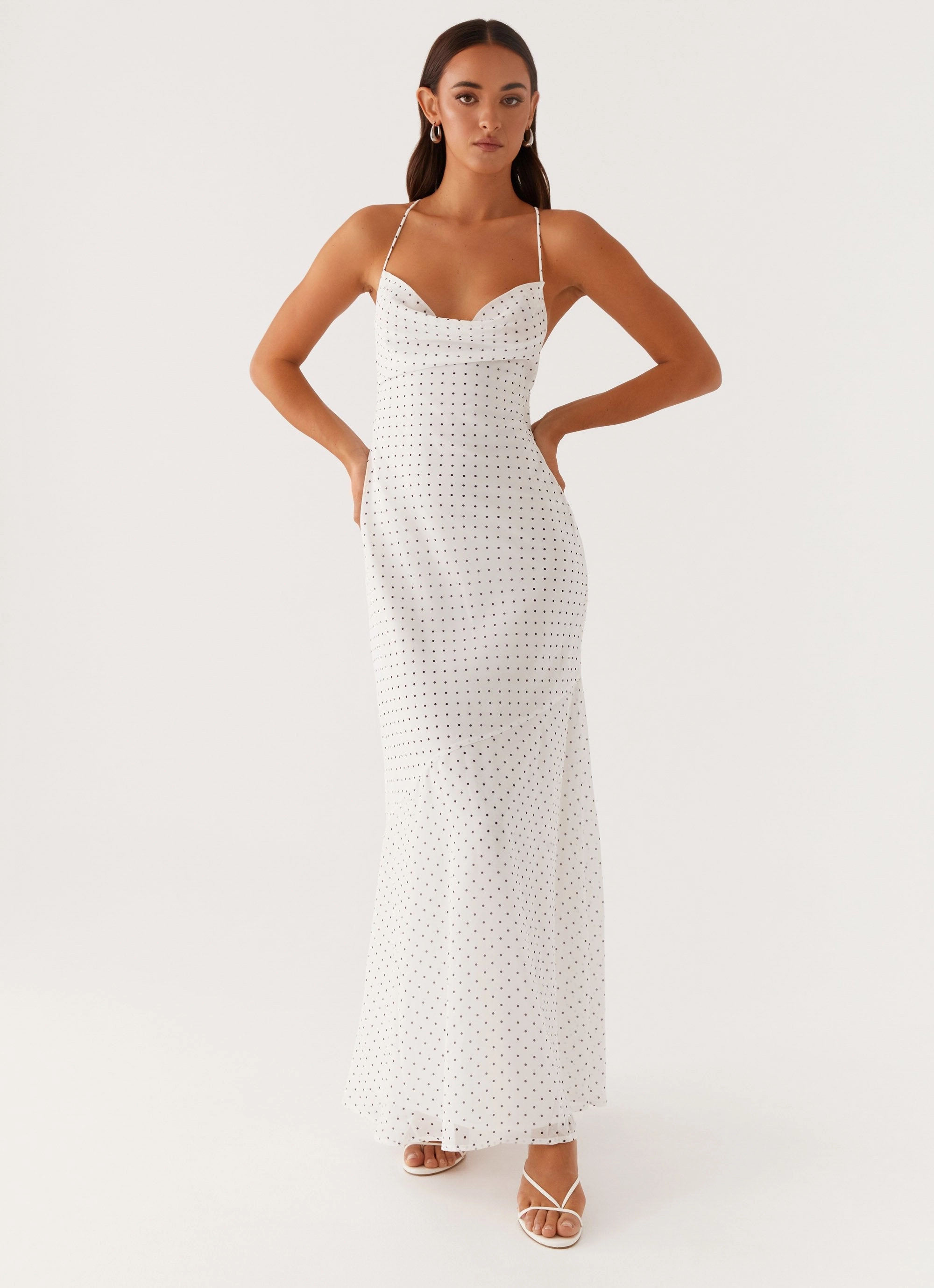 Alianna Cowl Neck Mesh Maxi Dress - White Polka Dot