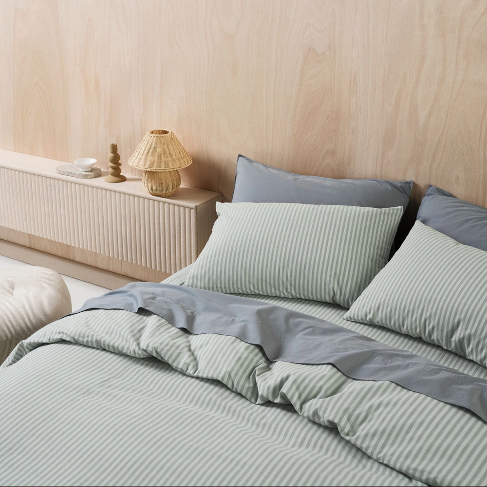 Classic Stripe Eucalyptus Quilt Cover Set by Linen House