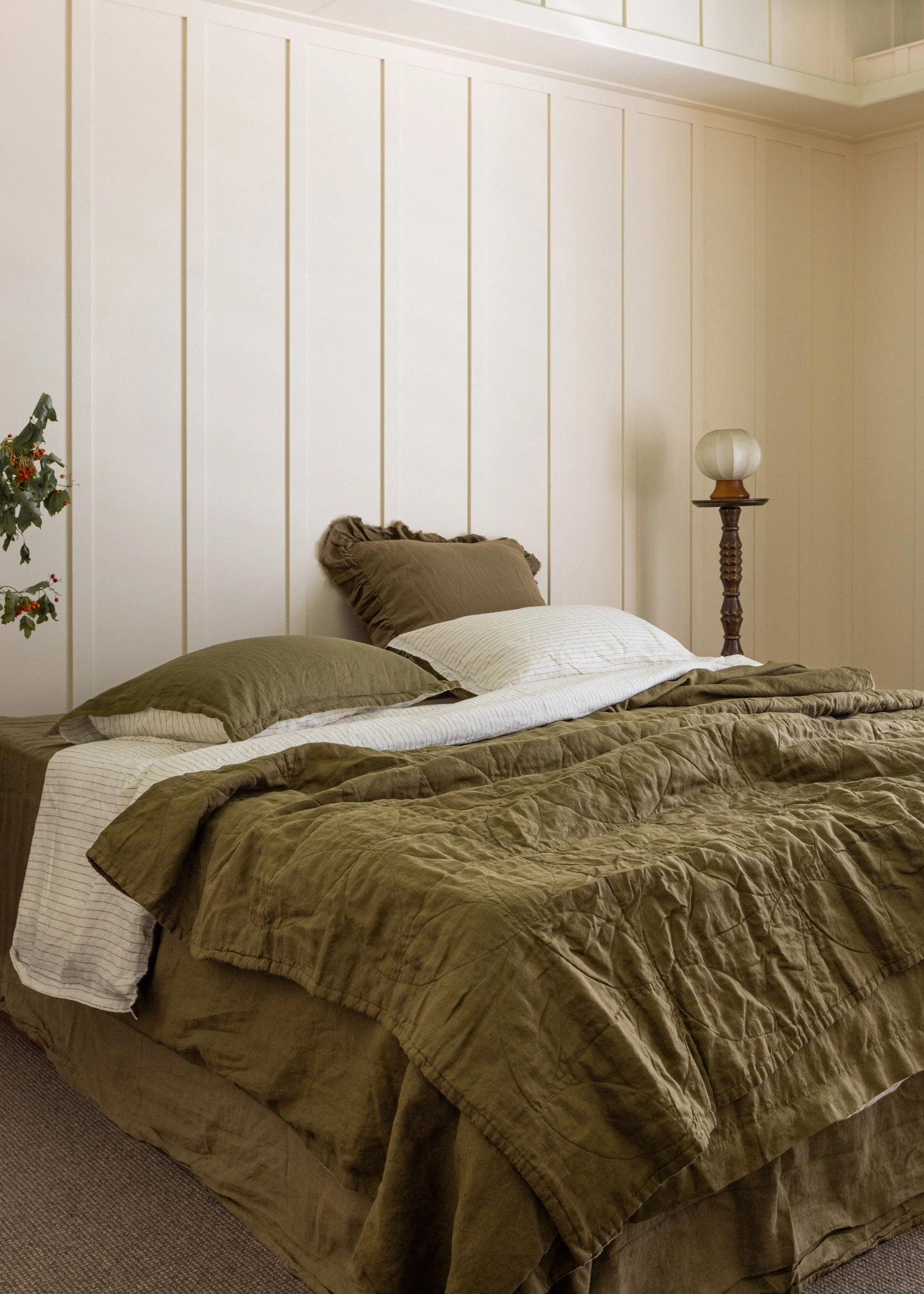 DUVET COVER SET - OLIVE   OLIVE PINSTRIPE REVERSIBLE