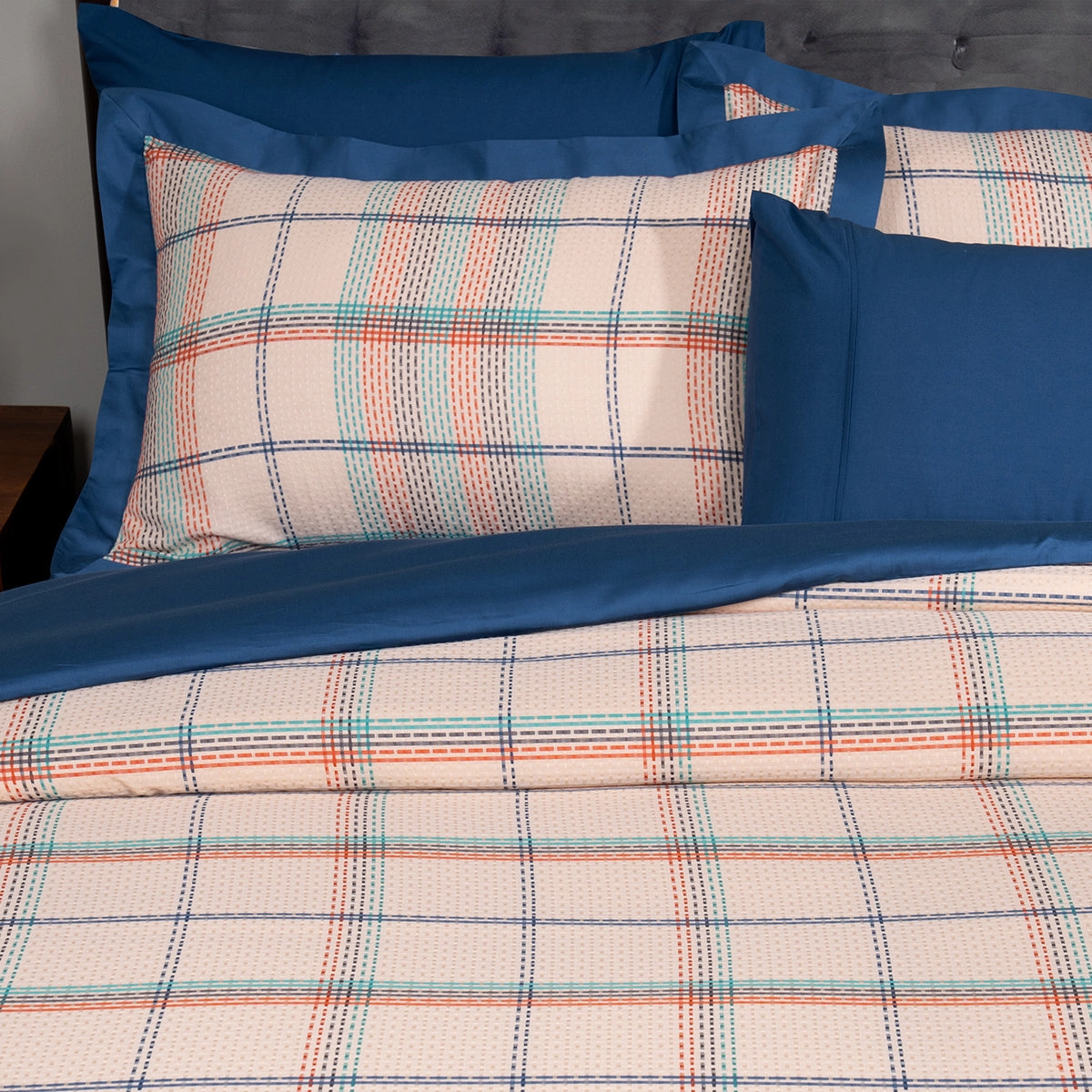 Eclectic Geo Mosaic Plaid Woven 100% Cotton Blue Duvet Cover with Pillow Case