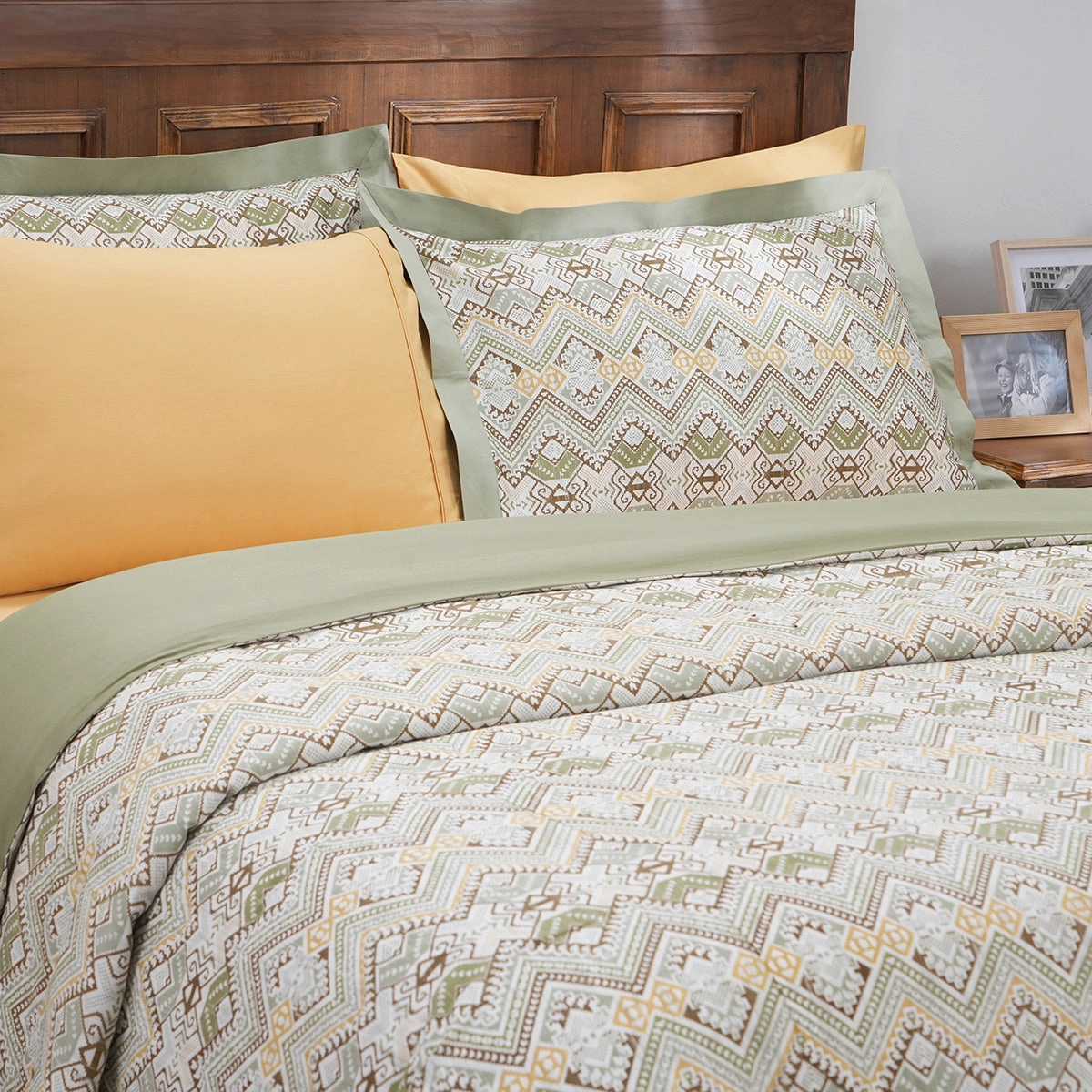 Indigenous Artisan Aztec Stripe 100%Cotton Printed Green Duvet Cover With Pillow Case