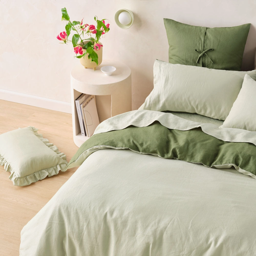 Nimes Moss-Wasabi Duet Linen QUILT COVER SET by Linen House