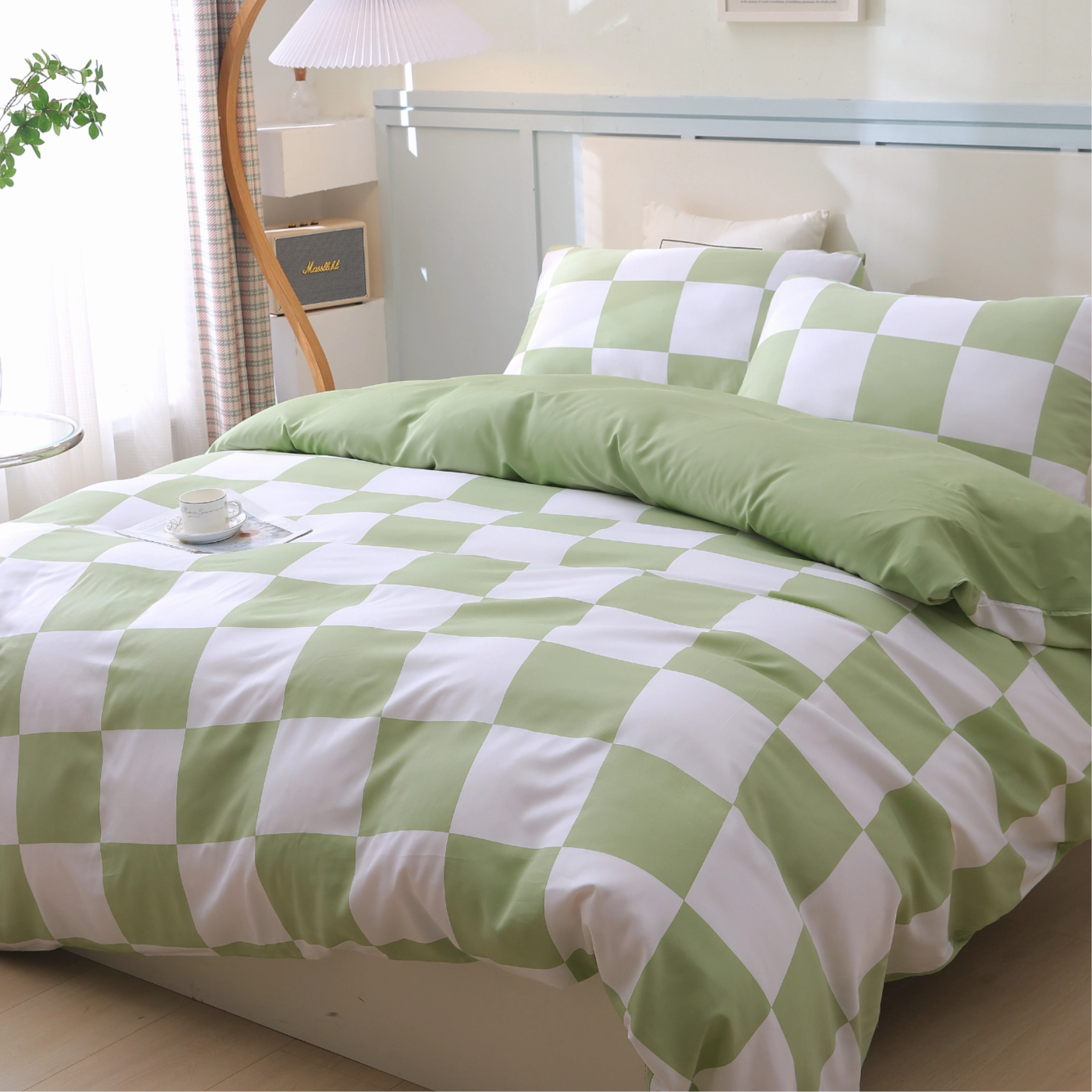 Organic Bamboo Check Quilt Cover Set - Sage