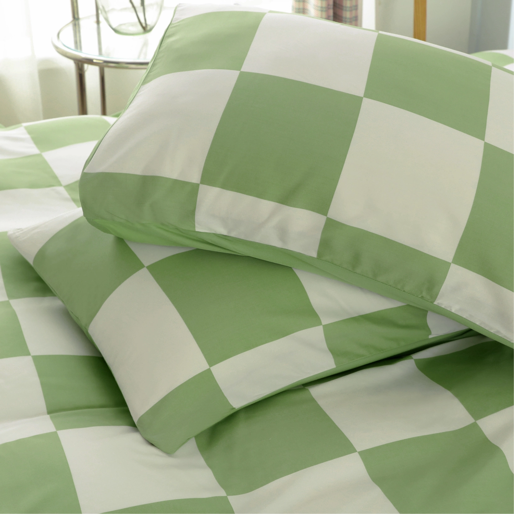 Organic Bamboo Check Quilt Cover Set - Sage