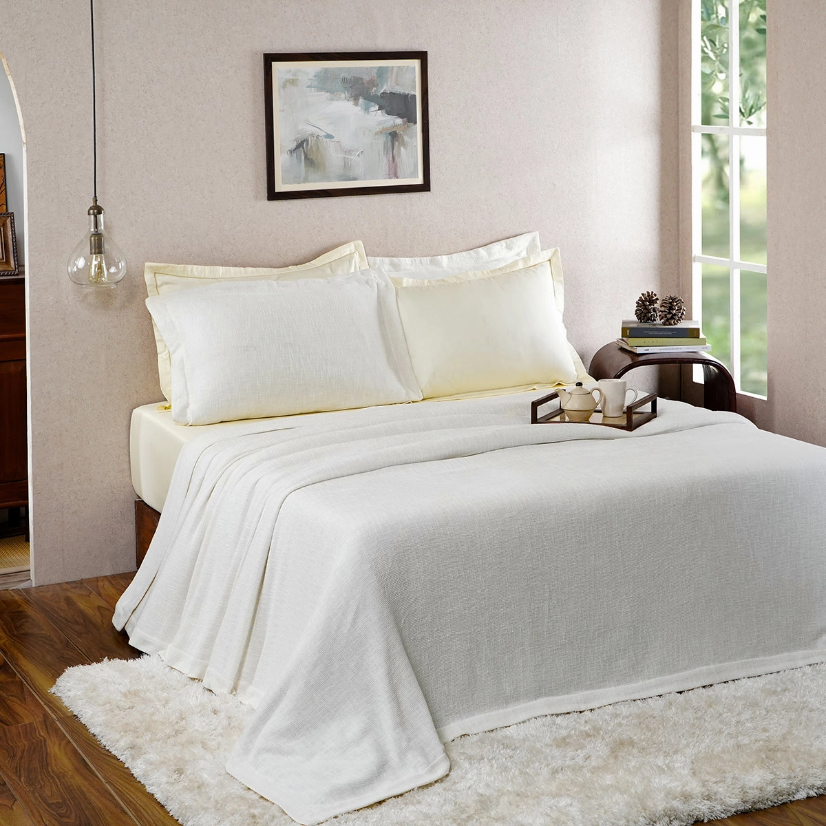 Tranquil Essence Burb Slub Viscose Blend Weaved Off White Bed Cover