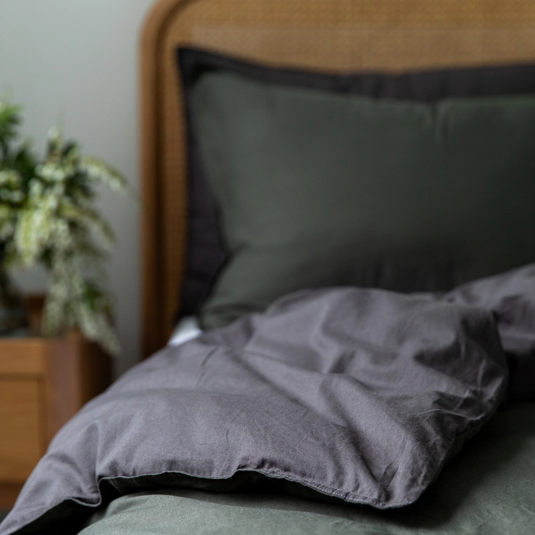 Vintage Cotton Reversible Quilt Cover Set - Charcoal & Olive