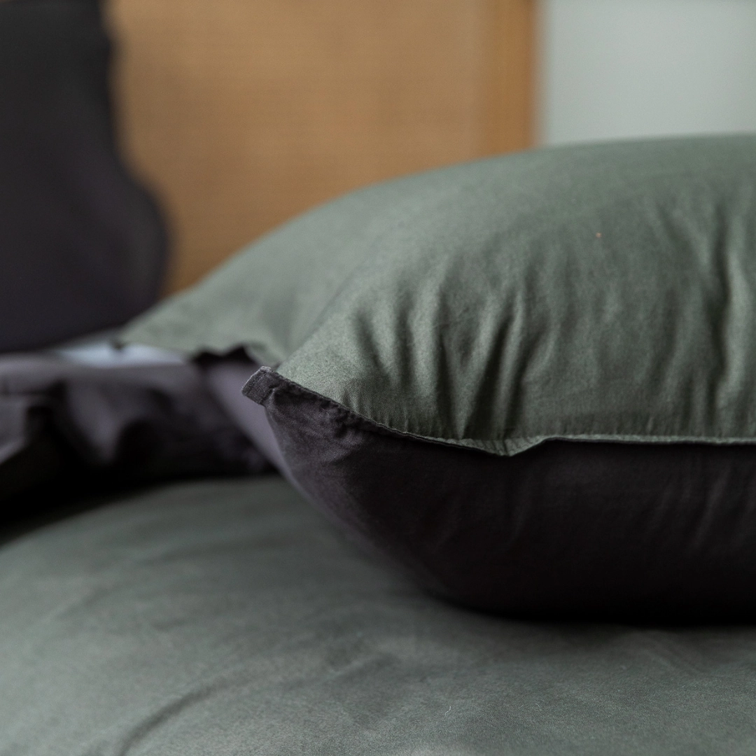Vintage Cotton Reversible Quilt Cover Set - Charcoal & Olive