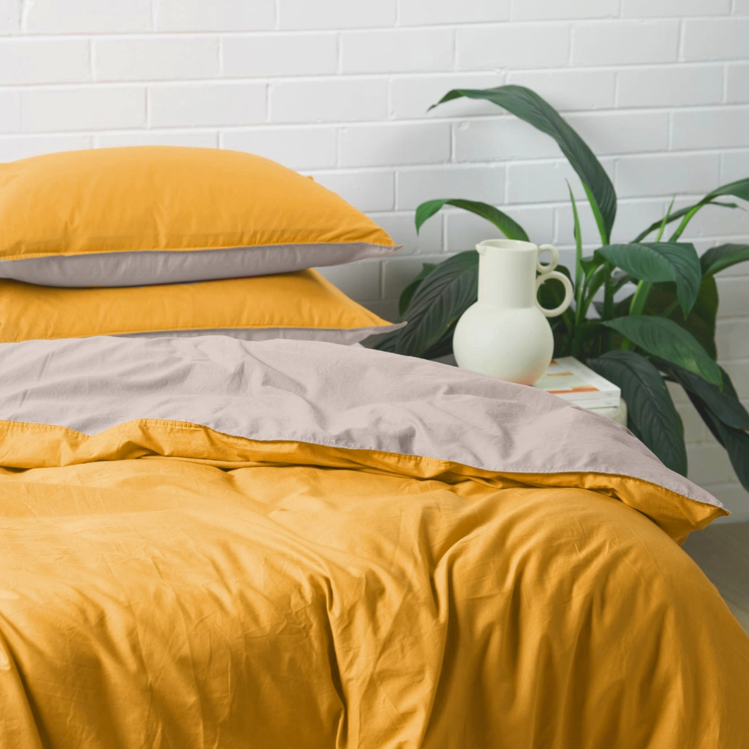 Vintage Cotton Reversible Quilt Cover Set - Yellow and Taupe