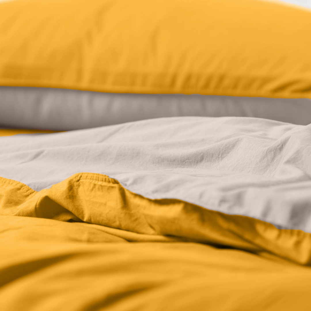 Vintage Cotton Reversible Quilt Cover Set - Yellow and Taupe